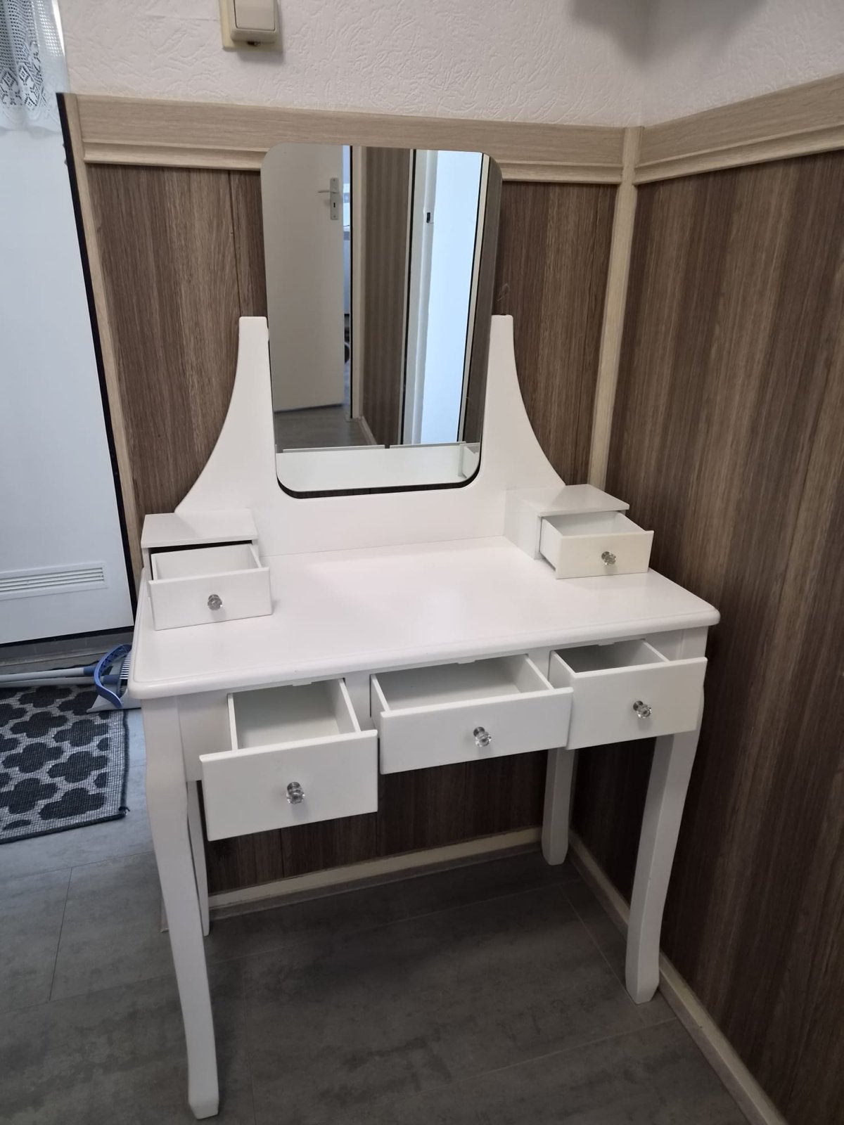 Witte kaptafel met spiegel en krukje, 100 tot 150 cm, Zo goed als nieuw, Hout, 50 tot 100 cm