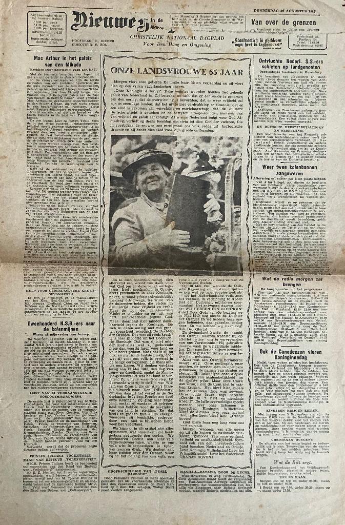 Nieuwe Haagsche Courant, 30 augustus 1945 Wilhelmina 65 jaar, Verzamelen, Tijdschriften, Kranten en Knipsels, Ophalen of Verzenden