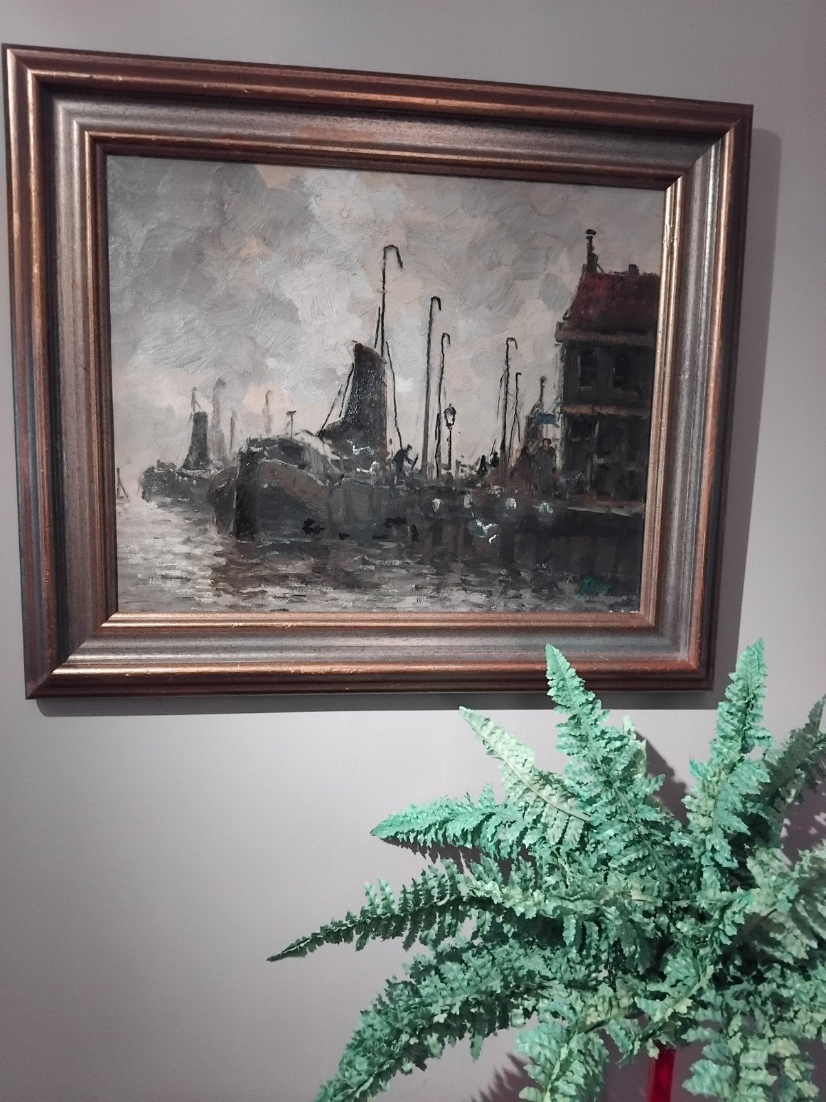 Olieverfschilderij havengezicht met boten en meeuwen, Maritiem / water, Nederlandse school, Doek, Ophalen of Verzenden
