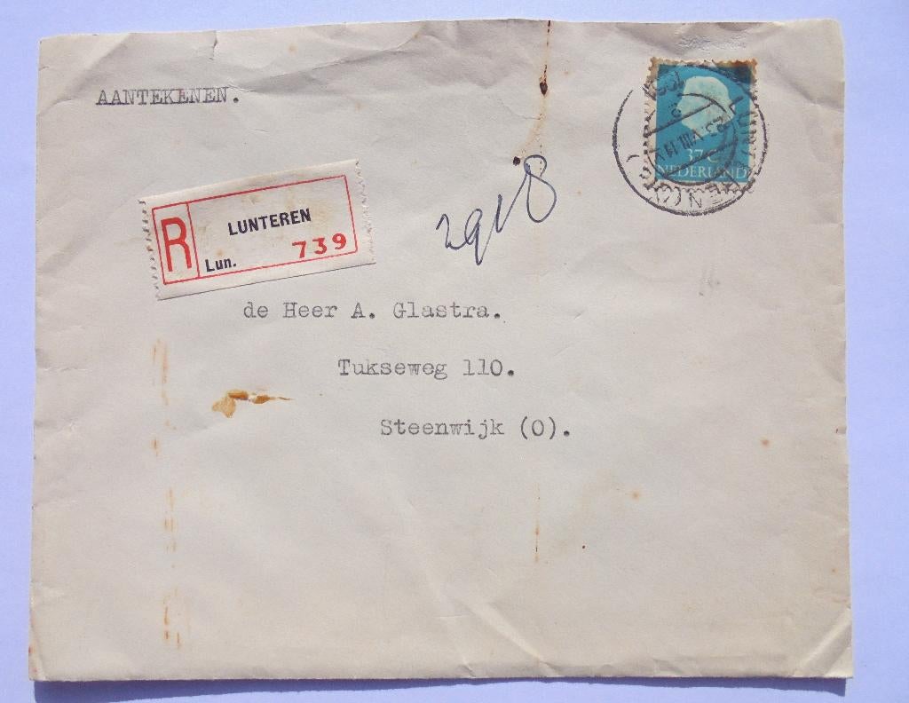 AANGETENDE brief van Lunteren naar Steenwijk 1951 postzegel, Ophalen of Verzenden, Brief