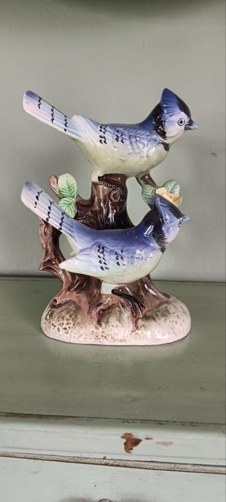 Vintage Aardewerk Blauwe Vogeltjes Beeldje - 16cm Hoog, Ophalen of Verzenden