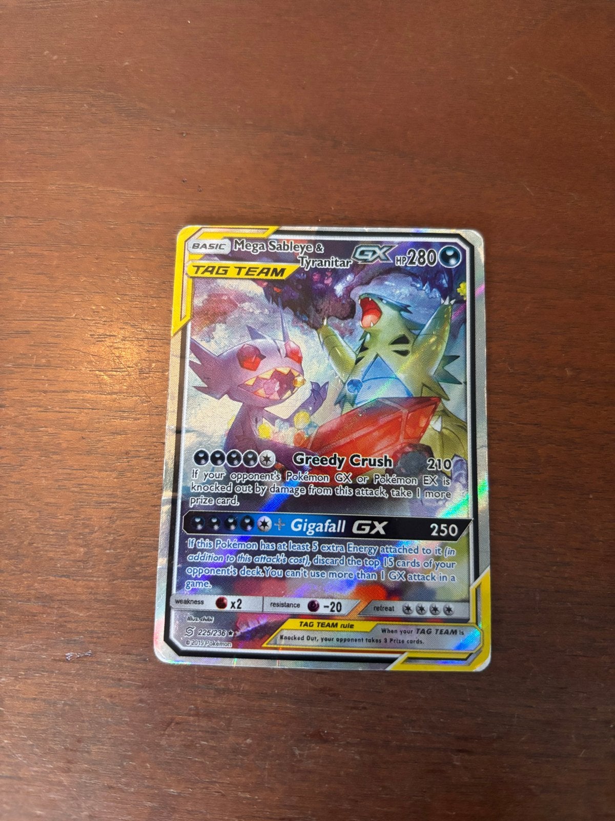 Mega Sableye & Tyranitar GX TAG TEAM Pokémon kaart, Ophalen of Verzenden, Gebruikt, Losse kaart