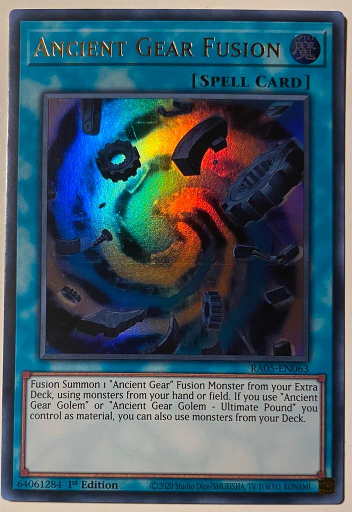 Yu-Gi-Oh! Ancient Gear Fusion RA05 Printlijn Misprint !, Ophalen of Verzenden, Zo goed als nieuw, Losse kaart, Foil