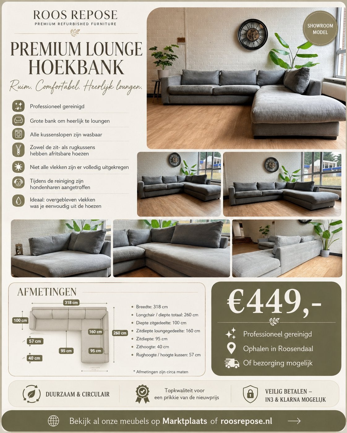 Grote gereinigde grijze lounge hoekbank | Wasbare hoezen, Luxe, Hoekbank, 300 cm of meer, Ophalen of Verzenden