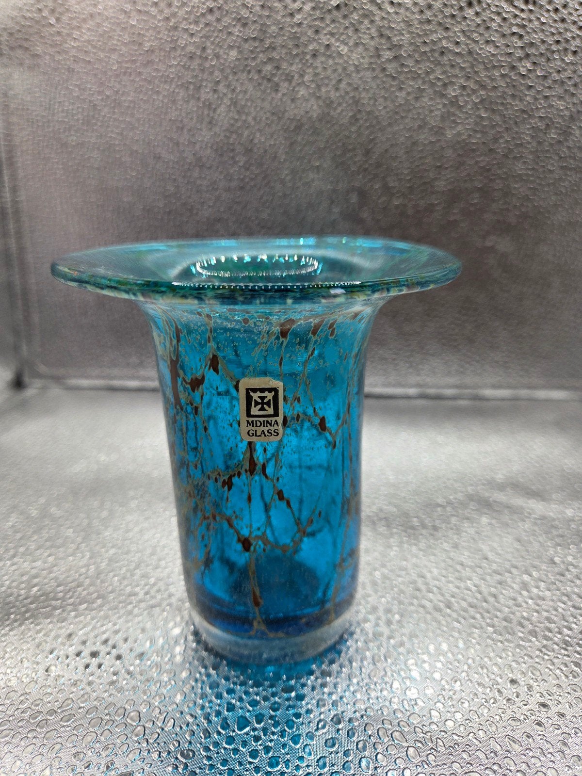 Mdina Glass Vaas - Turquoise met Bruine Spatten, Antiek en Kunst, Ophalen of Verzenden