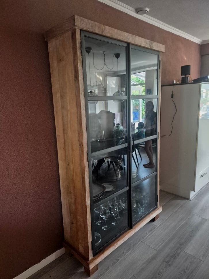 Industriële vitrinekast met glazen deuren, 100 tot 150 cm, 200 cm of meer, Ophalen of Verzenden, Industrieel