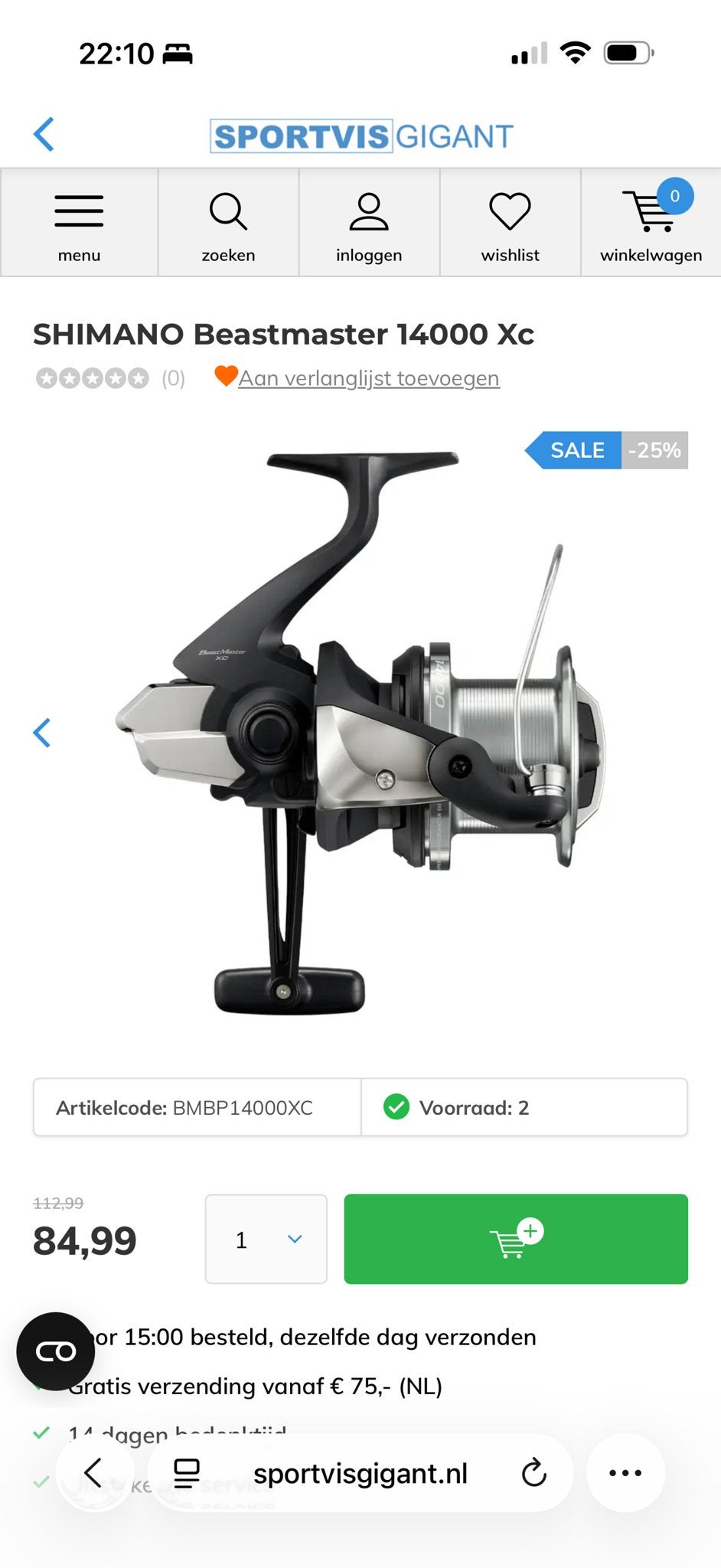 Shimano Beastmaster 14000 XC 3st in doos, Watersport en Boten, Ophalen of Verzenden, Zo goed als nieuw, Molen