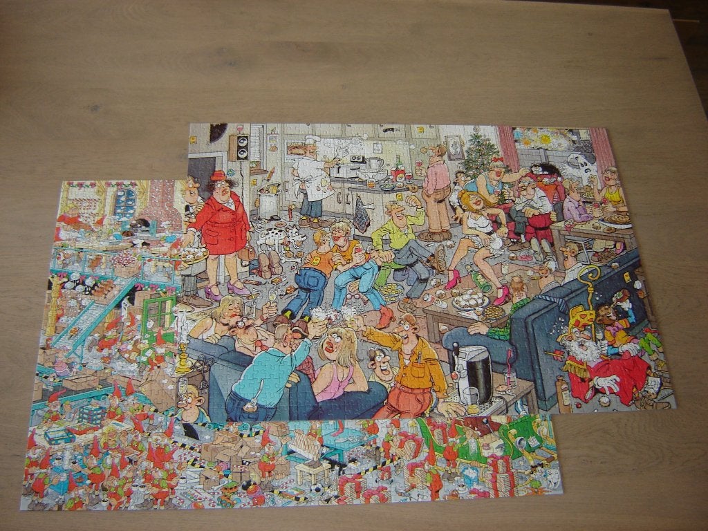 Puzzel Jan van Haasteren OUD EN NIEUW/FABRIEK KERSTMAN 2 x, Hobby en Vrije tijd, Denksport en Puzzels, Ophalen of Verzenden, 500 t/m 1500 stukjes