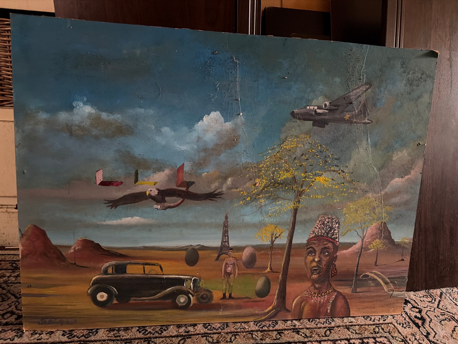 Surrealistisch schilderij met Afrikaanse invloeden, Antiek en Kunst, Ophalen, Hout, Olieverf, Overig onderwerp