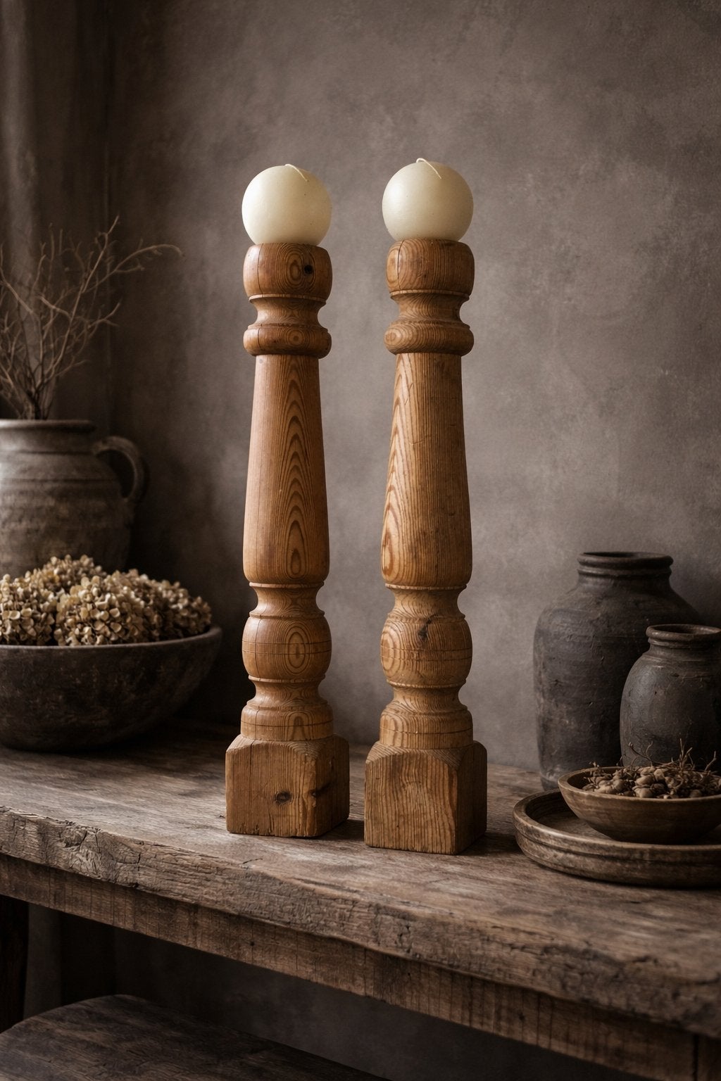 Set van 2 houten kandelaars - 54 cm hoog, Huis en Inrichting, Woonaccessoires | Kandelaars en Kaarsen, Gebruikt, Bruin, Overige merken