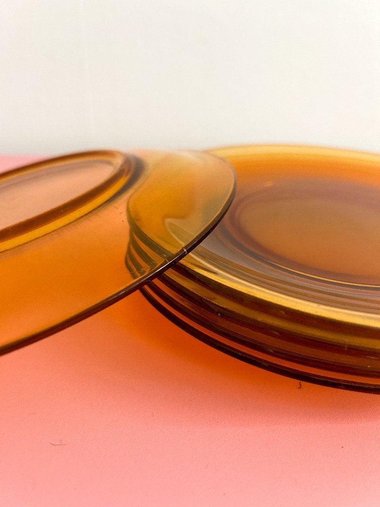 5x Oranje Bruin Glazen Bordjes Vintage, Huis en Inrichting, Gebruikt, Ophalen of Verzenden, Glas, Bord(en)