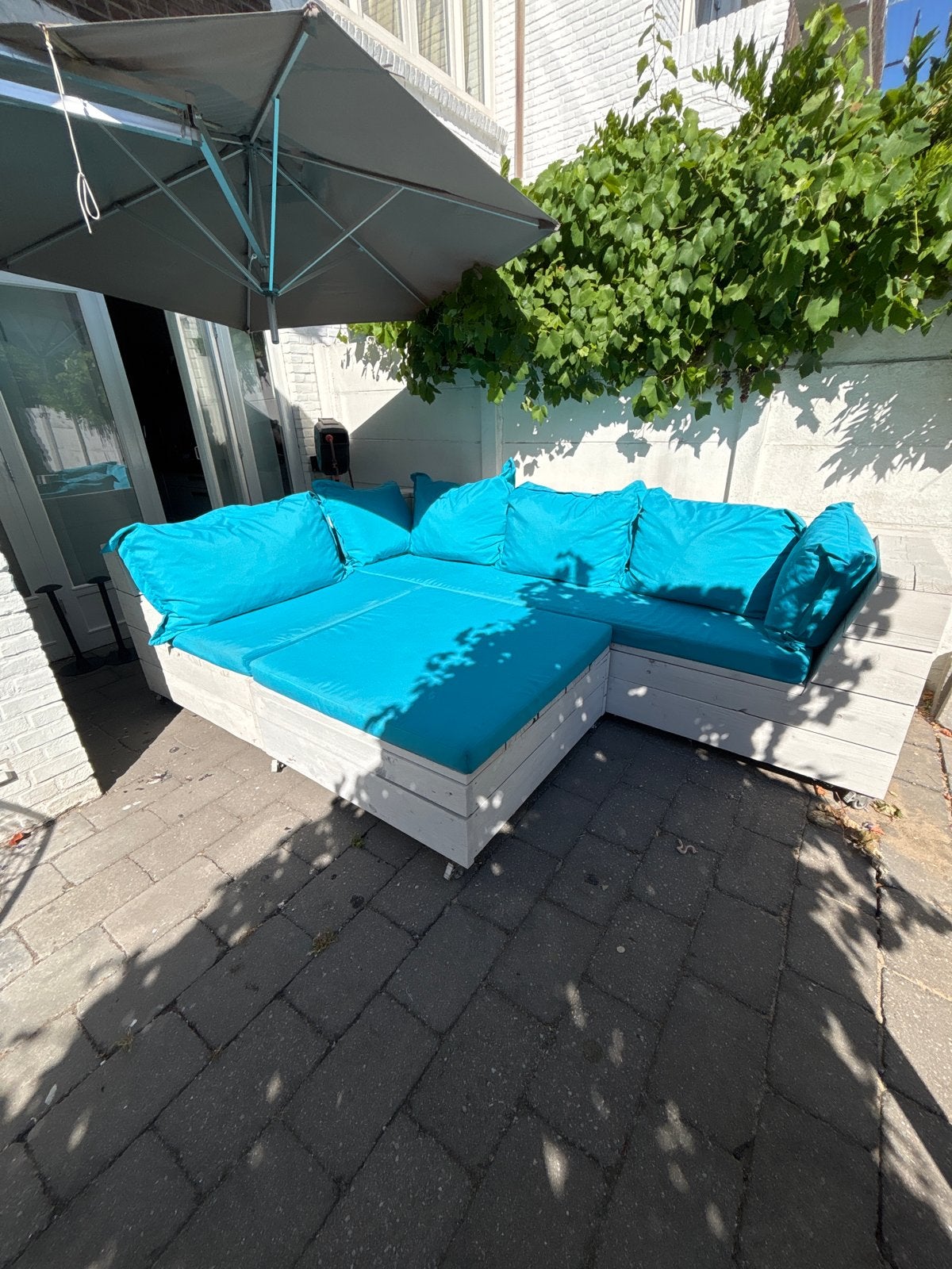 Steigerhouten loungeset met turquoise kussens, Tuin en Terras, Ophalen, 5 zitplaatsen, Gebruikt, Steigerhout