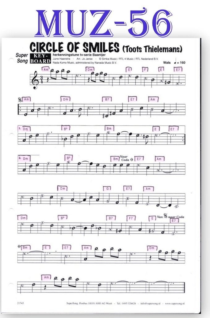 Muz56 Bladmuziek Super song Circle of Smiles, Orgel, Ophalen of Verzenden, Zo goed als nieuw, Artiest of Componist