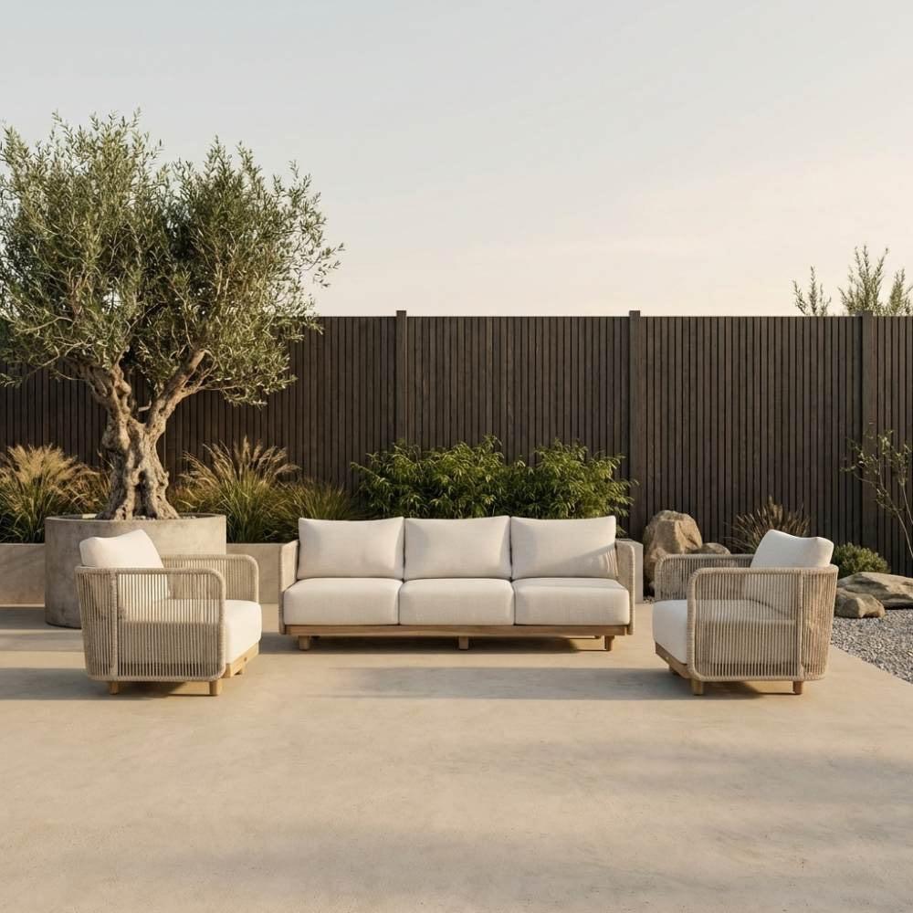 Sienna stoel-bank loungeset beige | touw + hardhout, Tuin en Terras, Tuinsets en Loungesets, Ophalen, 5 zitplaatsen, Aston Martinlaan 36