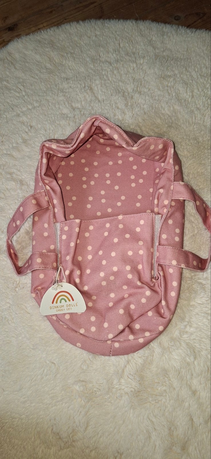 Nieuwe DINKUM DOLLS Poppendraagmand - Roze met stippen, Ophalen of Verzenden, Nieuw, Babypop