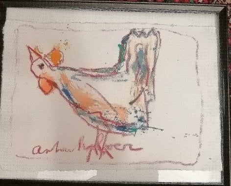Heyboer '' kip '' mixmedia op scheppapier 33 x 50 cm, Verzenden