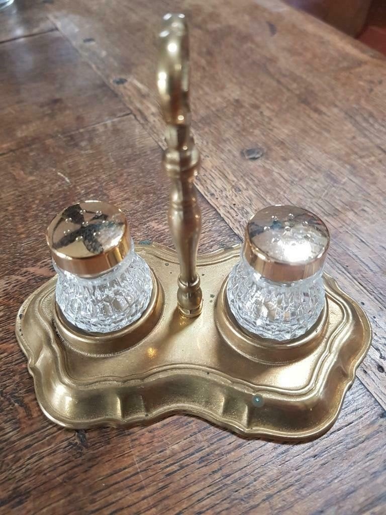Vintage peper- en zoutstel – messing & geslepen glas, Ophalen of Verzenden
