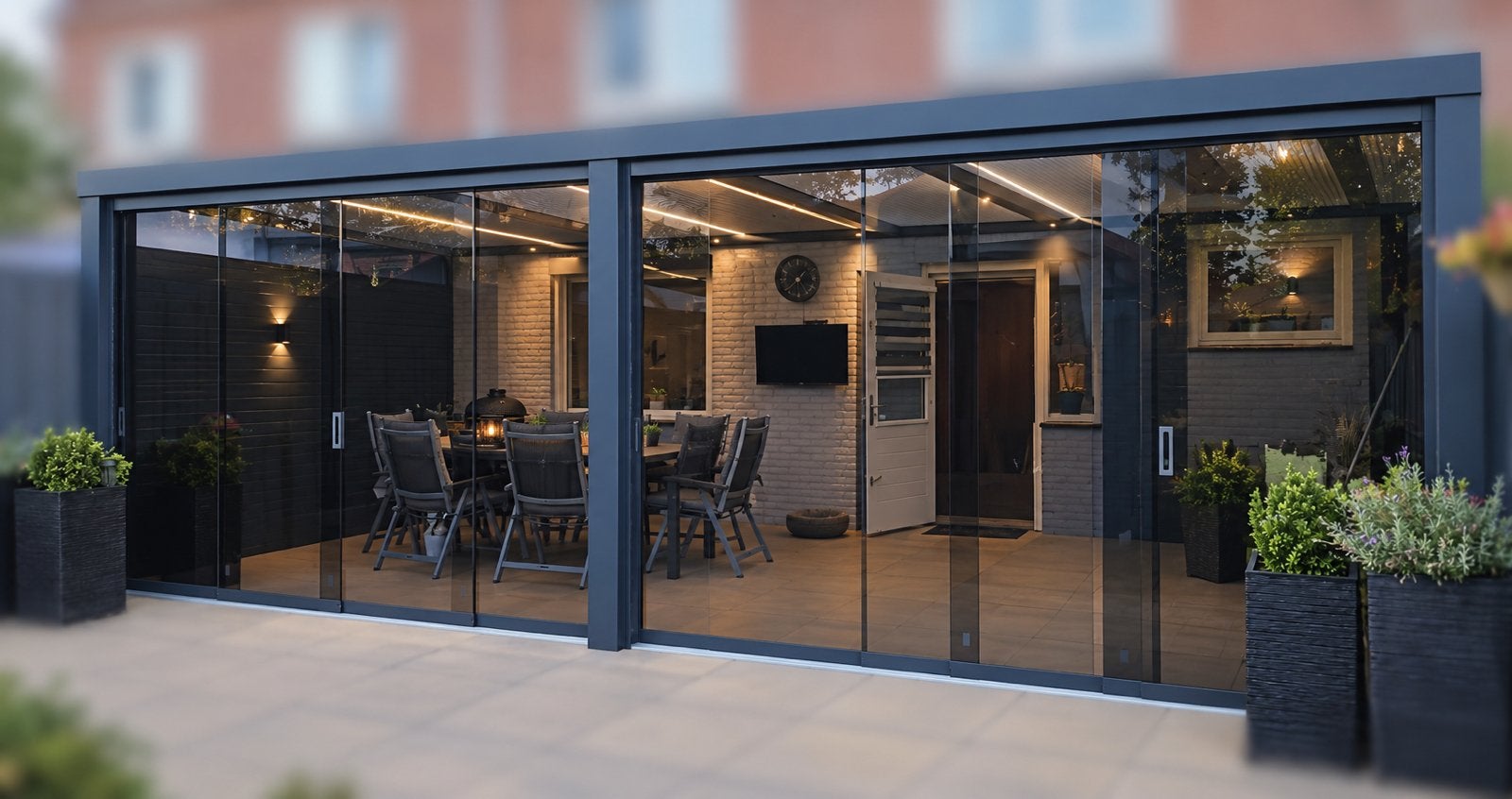 Veranda met getinte schuifpanelen 700 x 350 cm nieuwstaat, Ophalen, Zo goed als nieuw, Veranda