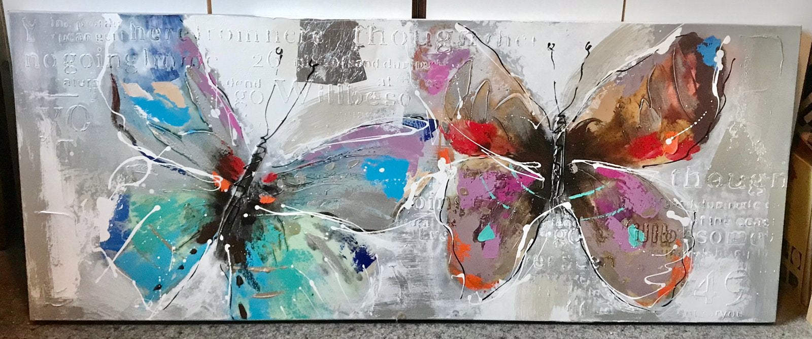 Groot en Fraai Schilderij met Vlinders (150,0 cm x 60,0 cm), Ophalen, Textiel, Handgeschilderd, Dieren