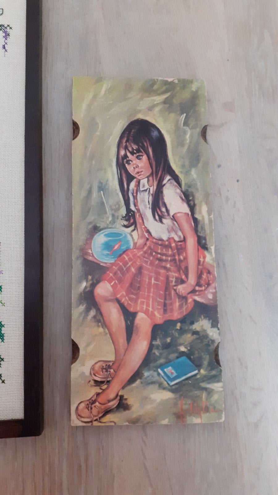 Vintage Schilderij 'Big Eyes Meisje' met Goudvis, Ophalen of Verzenden