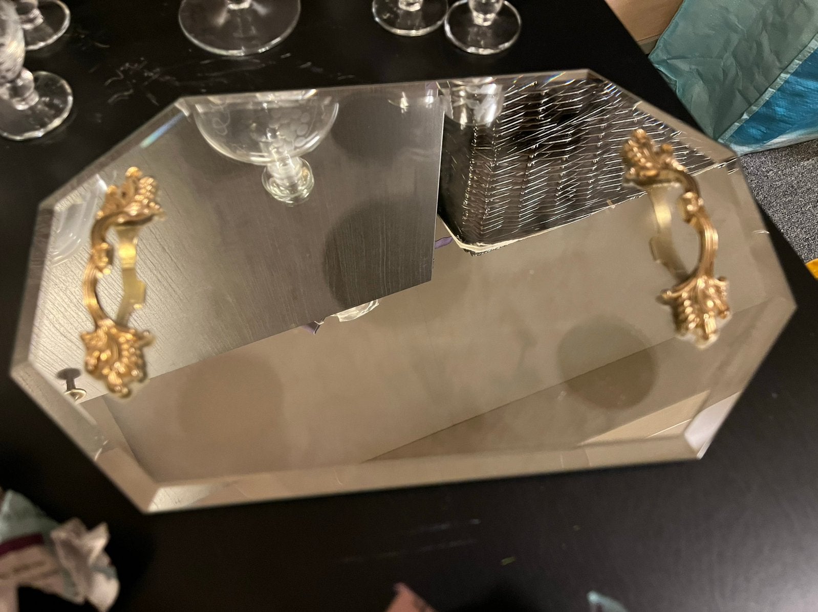 Vintage Glasplaat/spiegel dienblad glas met messing handvat, Ophalen of Verzenden, Zo goed als nieuw, Rechthoekig, Glas