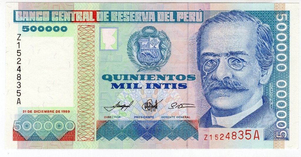 Peru 500.000 Intis replacement (serie Z) unc 1989, Ophalen of Verzenden, Zuid-Amerika