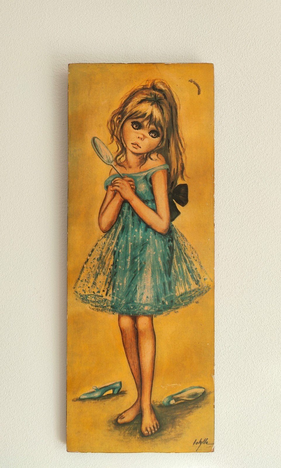 Vintage Big Eyes schilderij paneel Jolylle jaren 70, Figuren, Hout, Ophalen of Verzenden, Print