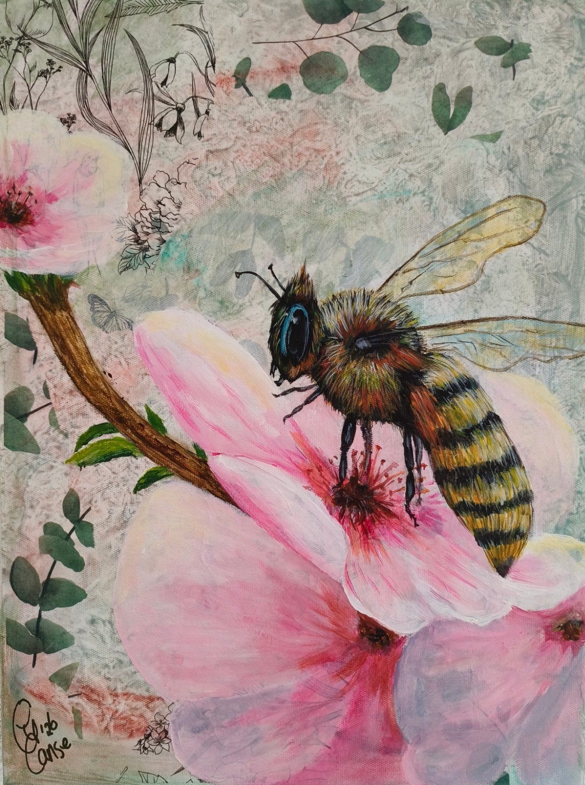Schilderij bij met bloemen, Huis en Inrichting, Woonaccessoires | Schilderijen, Tekeningen en Foto's, Ophalen of Verzenden, Nieuw