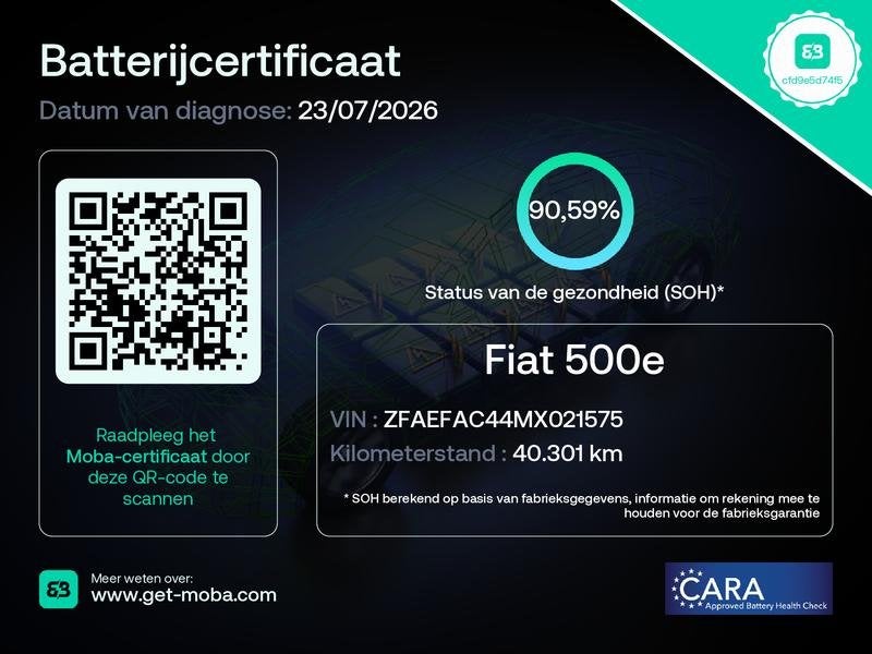 Fiat 500e La Prima 42 kWh | SoH 90,6% | Schuif/kanteldak | C, Gebruikt, 4 stoelen, 1265 kg, Automatische klimaatregeling
