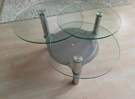 Mid Century Drielaags draaibare glazen salontafel 1960, Gebruikt, 100 tot 150 cm, Rond, Glas