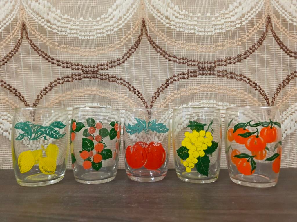 Vintage glazen met fruitafbeelding set 5 stuks, ., Overige typen, Ophalen of Verzenden, Zo goed als nieuw