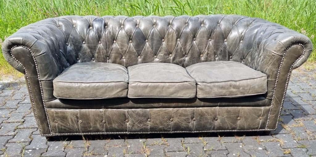 Chesterfield vintage bank grijs antraciet leer + BEZORGING