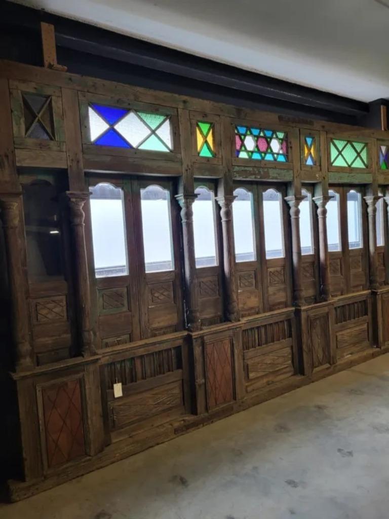 24165 Raam Balkonraam 1870 Teak, Ophalen, Gevelraam of Ruit, Glas in lood, 160 cm of meer