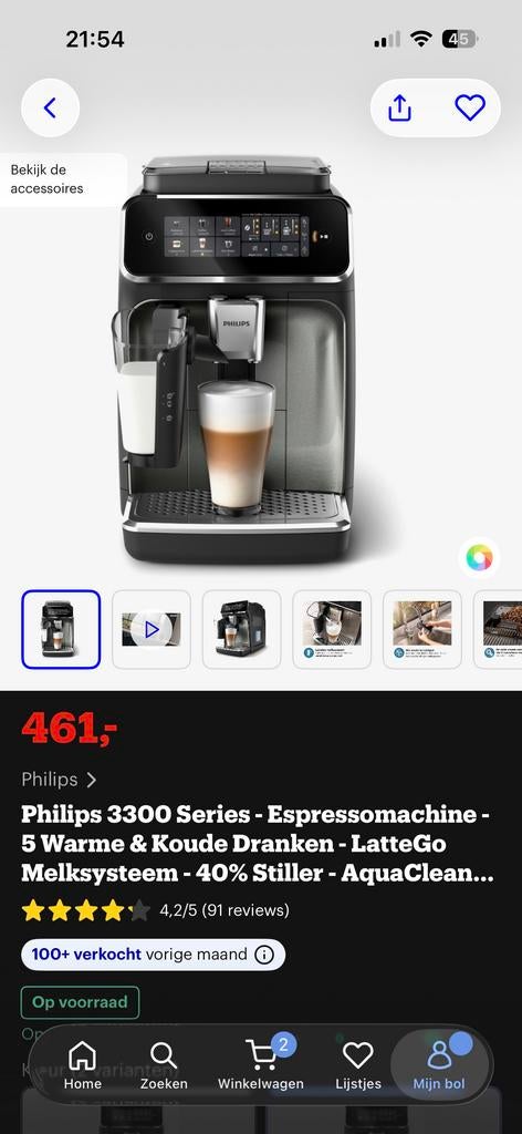 Philips LatteGo 2 maanden oud, Witgoed en Apparatuur, Koffiezetapparaten, Ophalen, Afneembaar waterreservoir, Espresso apparaat