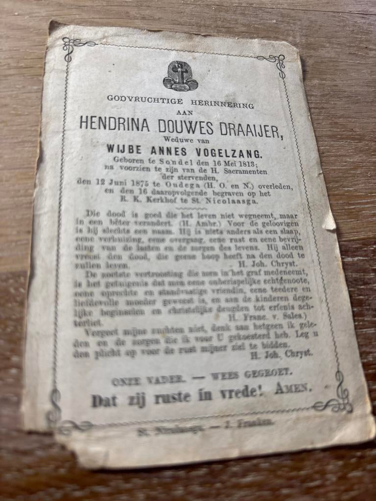 Zeer Oud Draaijer Hendrina Sondel 1875 Oudega x Vogelzang, Verzamelen, Bidprentjes en Rouwkaarten, Ophalen of Verzenden, Bidprentje
