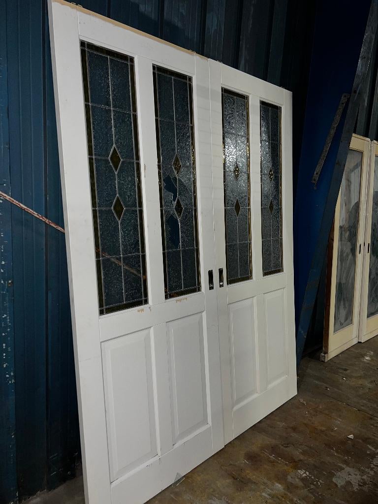 Set oude en-suite / schuifdeuren glas in lood 231.5 x 184, Ophalen, 215 cm of meer, Binnendeur, Schuifdeur