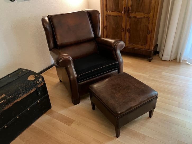 Schapenleren fauteuil met voetenbank van Teak's Interieur, Ophalen, Gebruikt, Klassiek, Leer