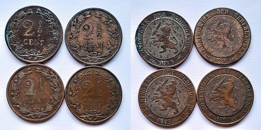 4 stuks 2 ½ cent Willem III 1877-1890, Verzenden, Koning Willem III