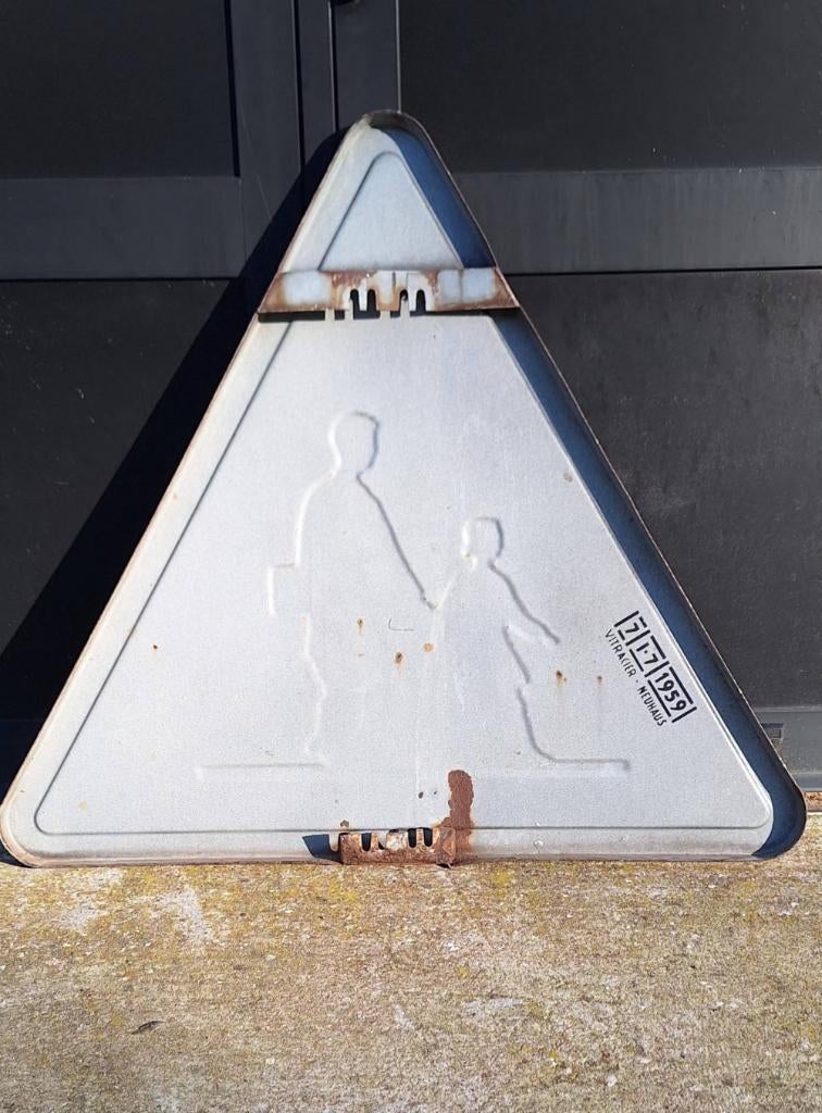Stoer groot Frans emaille verkeersbord, waarschuwingsbord., Ophalen
