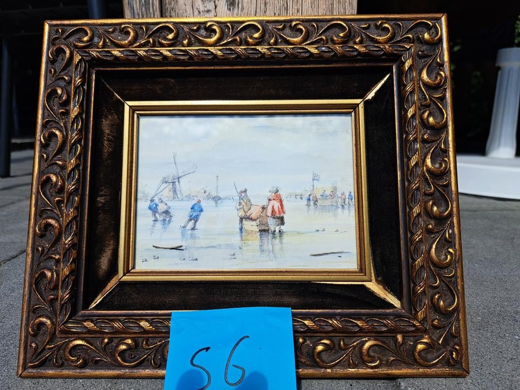 Schilderij Winterlandschap Schaatsers 29x26cm, Ophalen