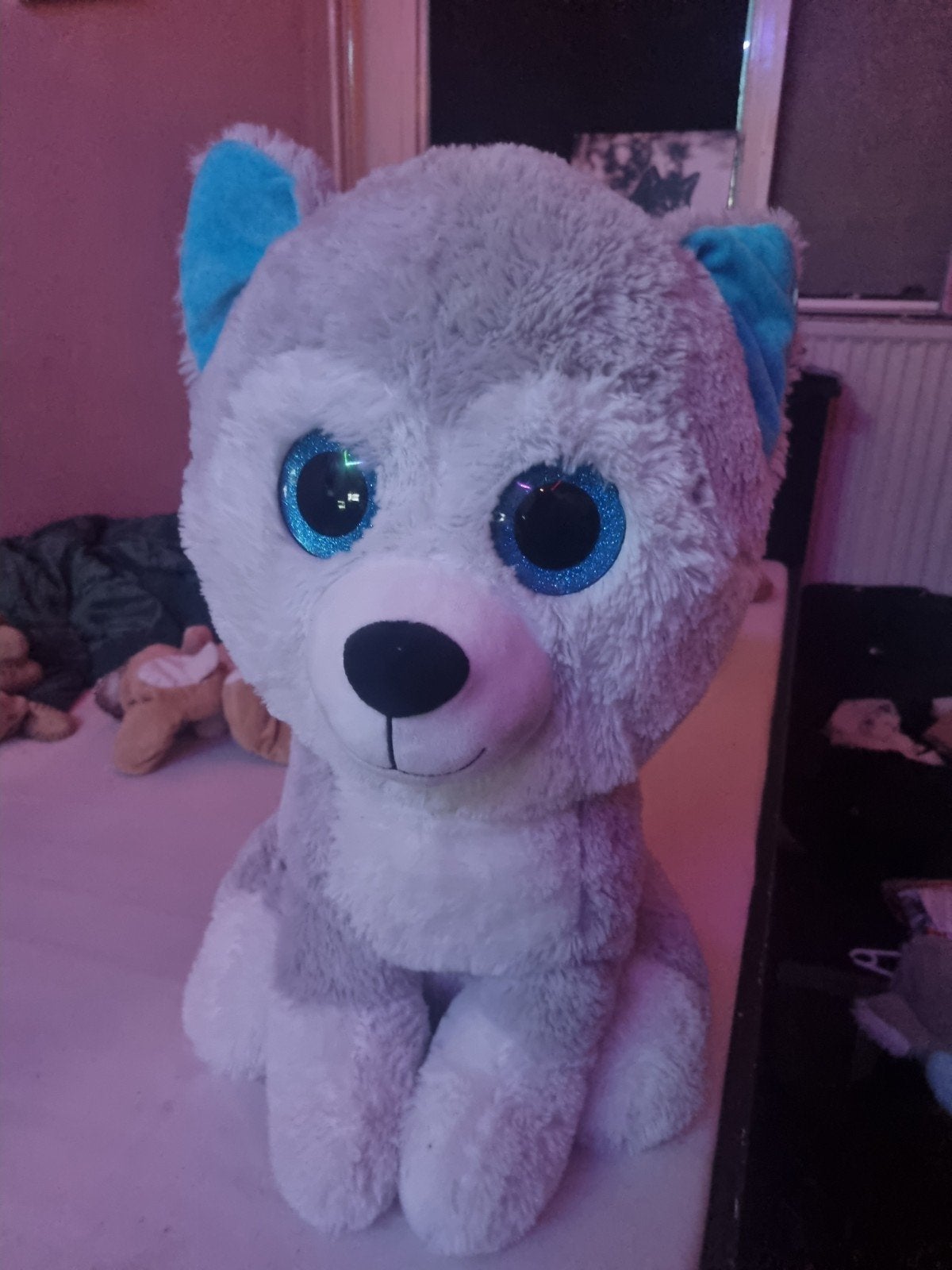 Grote grijze husky knuffel met glitterogen, Grijs, Zo goed als nieuw, Middelgroot (20 tot 80 cm), Hond