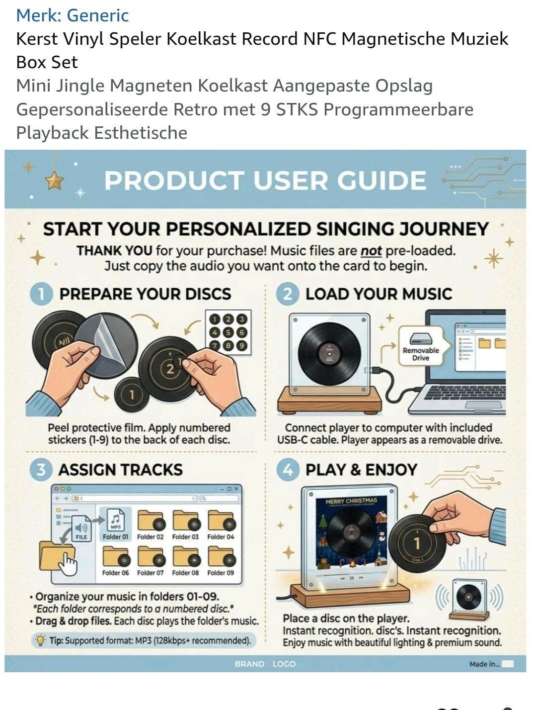 kerst vinyl speler koelkast kerstmuziek, Ophalen of Verzenden, Nieuw
