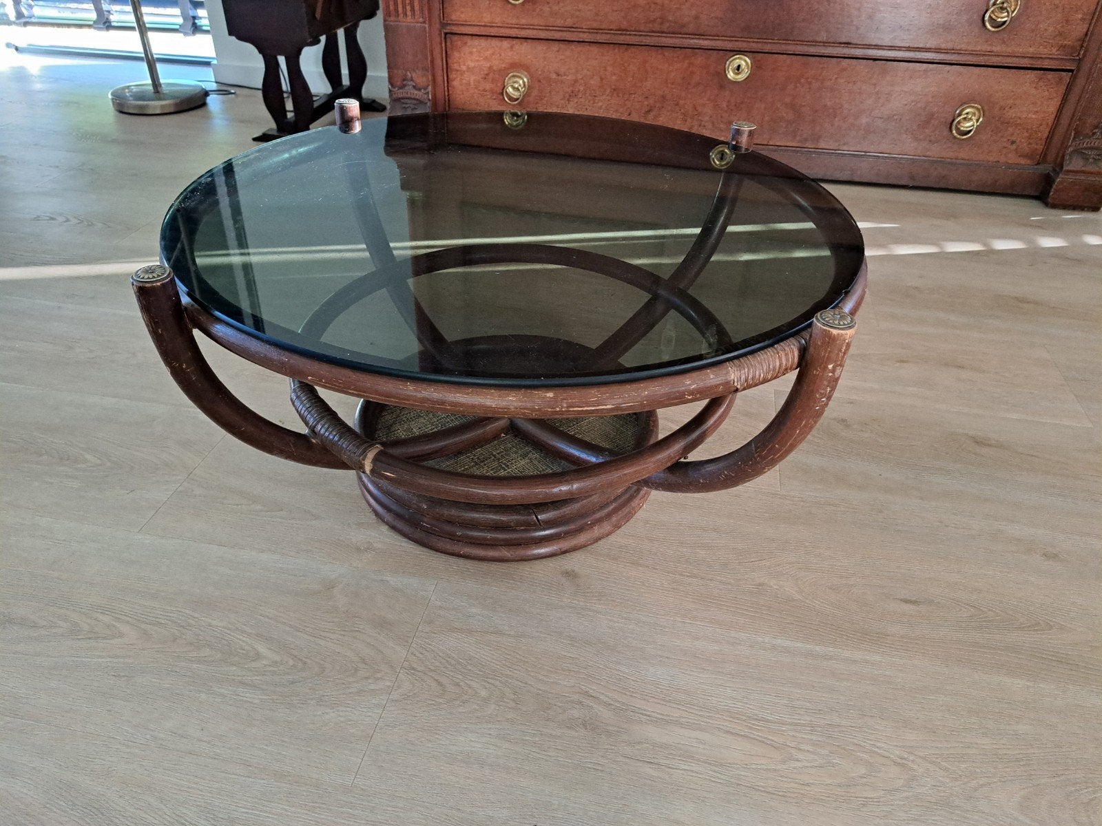 Vintage rotan salontafel, Huis en Inrichting, Ophalen, Minder dan 45 cm, Gebruikt, Rond