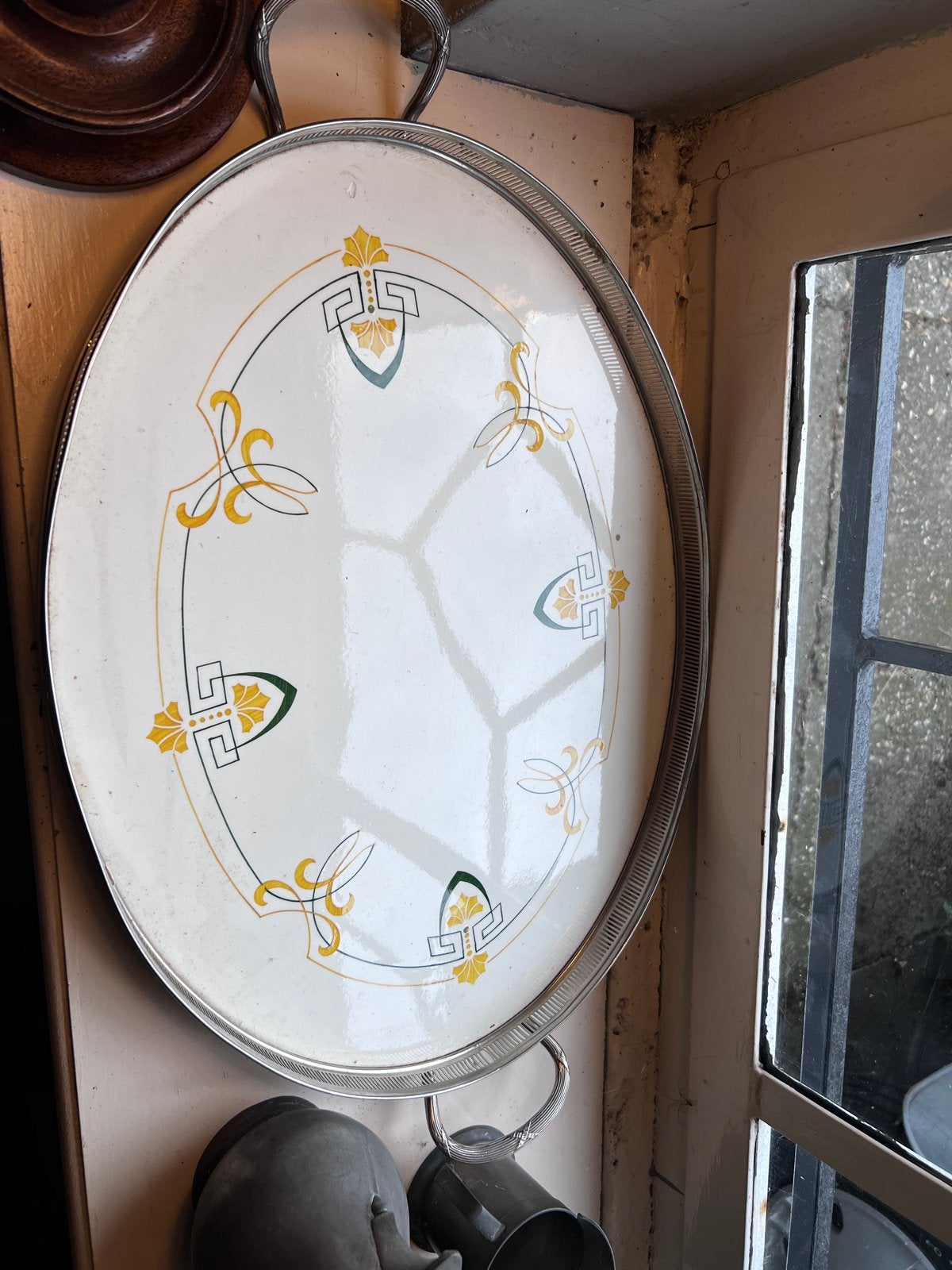 Art Deco Nikkelen rand,  Porseleinen Dienblad, Antiek en Kunst, Ophalen of Verzenden