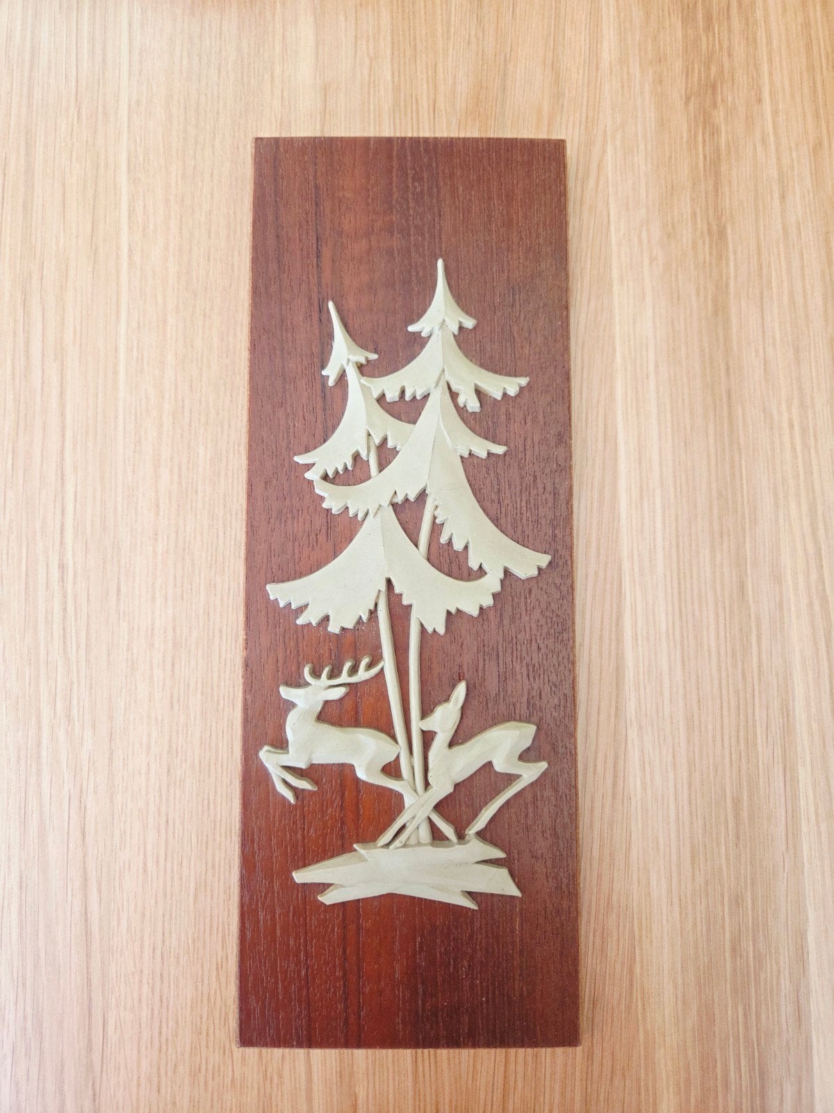 Vintage houten wanddecoratie herten jaren 60/70, Boho, Hout, Decoratieobject, Ophalen of Verzenden