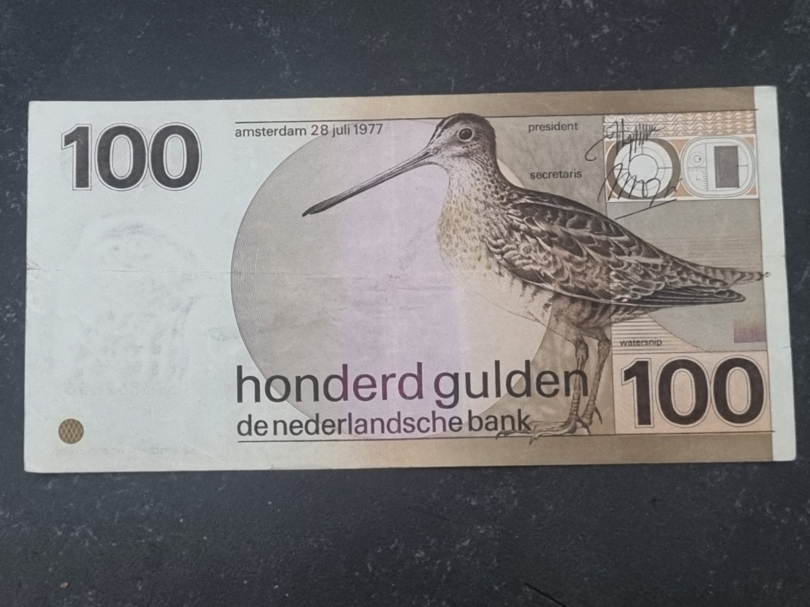 Zeldzaam 100 Gulden Biljet 1977 - Snip (Watersnip), Ophalen of Verzenden, 100 gulden, Los biljet