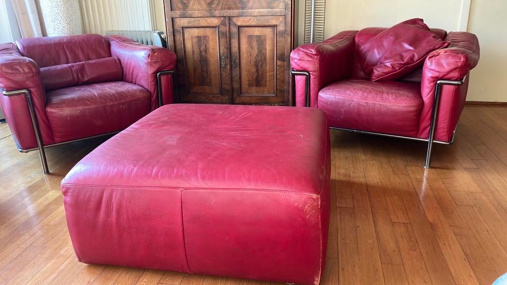 Leren stoelen en hocker - Rood, Ophalen, Gebruikt, Leer, 75 tot 100 cm