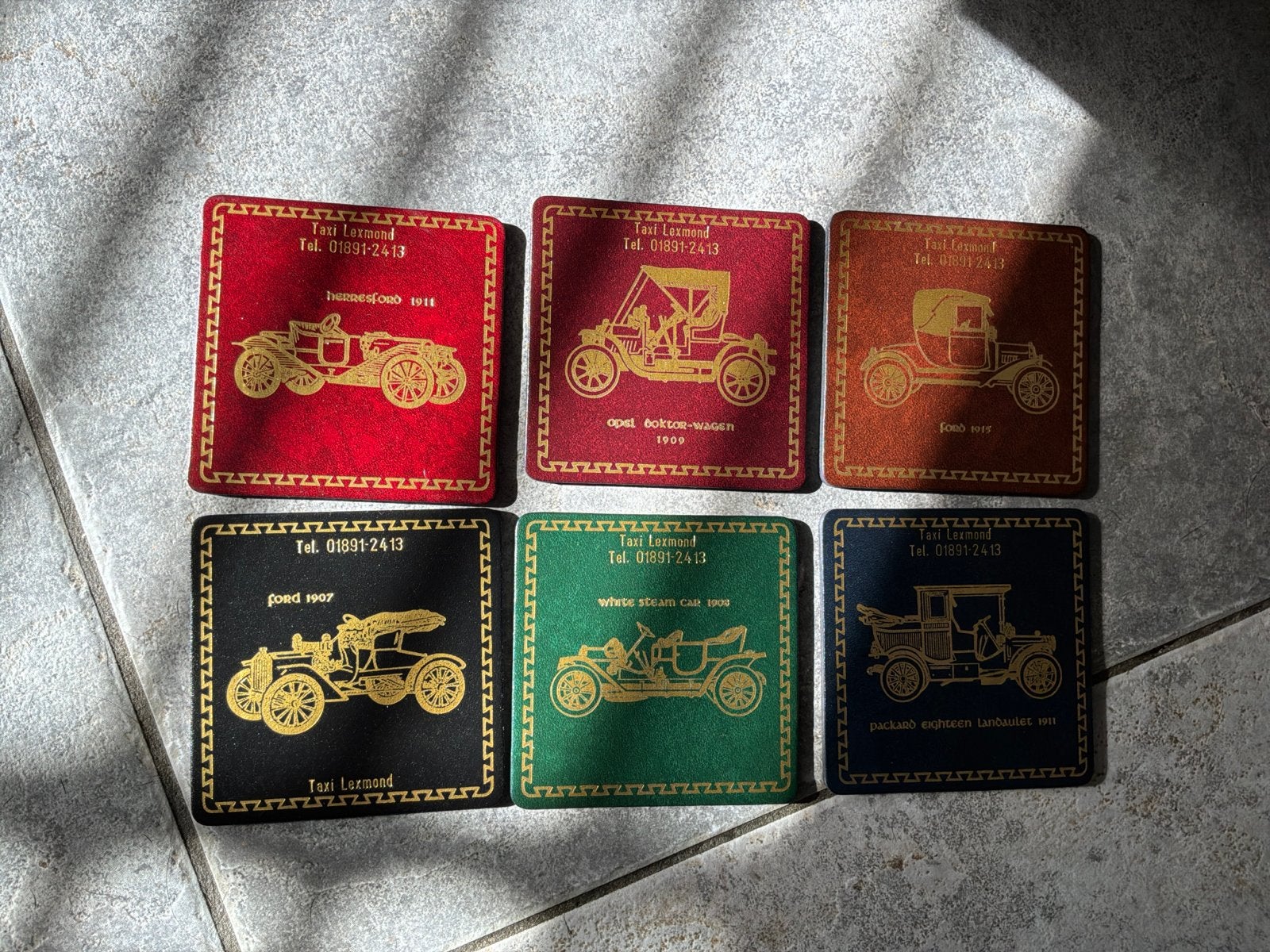 Set van 6 vintage onderzetters met klassieke auto's, Kurk, Glasonderzetter, Ophalen of Verzenden, Met opbergdoos