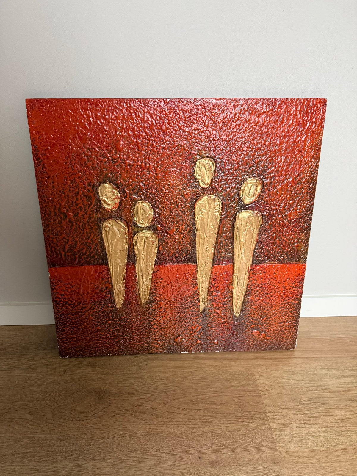 Abstract schilderij familiefiguren, 60,5 x 60,5 cm, Antiek en Kunst, Kunst | Schilderijen | Modern, Figuren, Hout, Met textuur