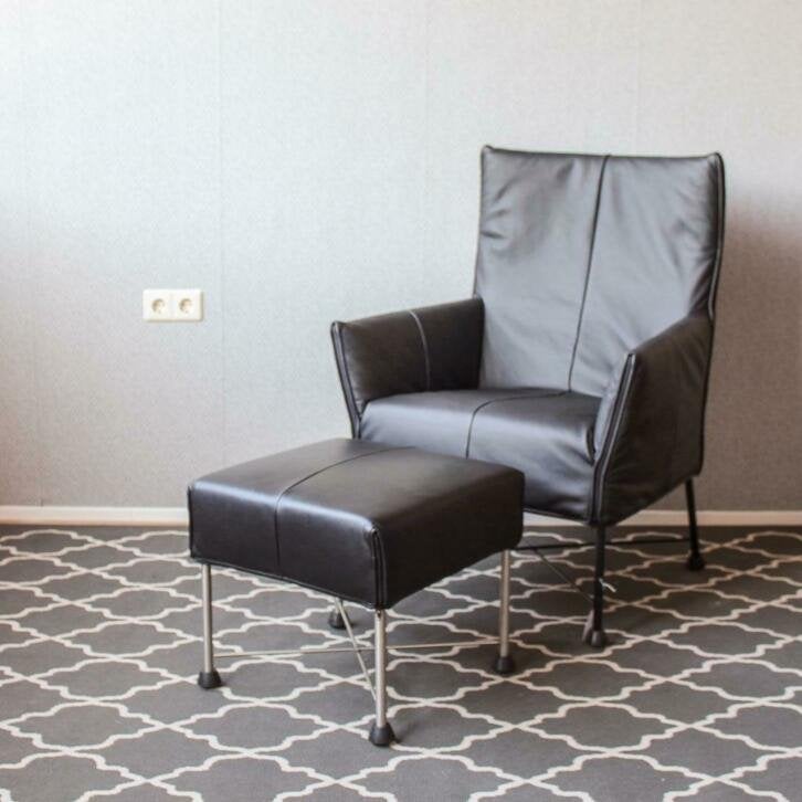 8 Prachtige Montis Charly fauteuils + hocker - zwart leder, Niet ingevuld, Niet ingevuld, Nieuw, Leer